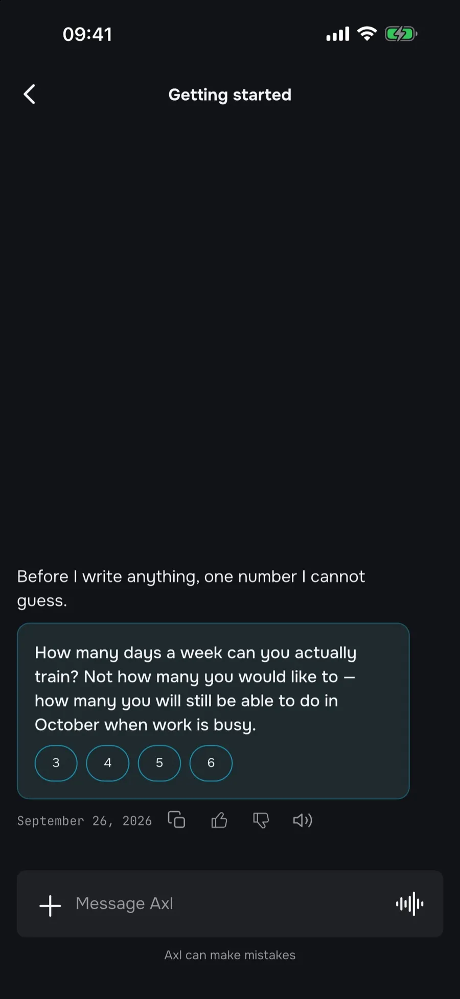 Axl asks how many days a week the athlete can train, with 3, 4, 5 or 6 to pick.