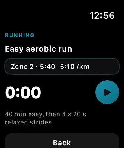 Apple Watch showing today's workout: easy aerobic run, zone 2, 5:40 to 6:10 per kilometre.