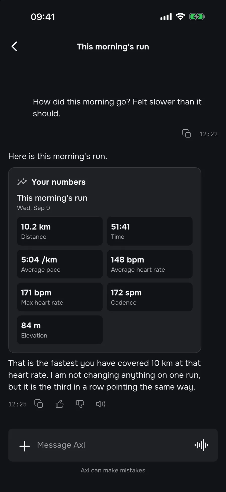 An athlete asks how this morning's run went; Axl answers with the run from their watch — distance, time, pace, heart rate, cadence — and what it means.